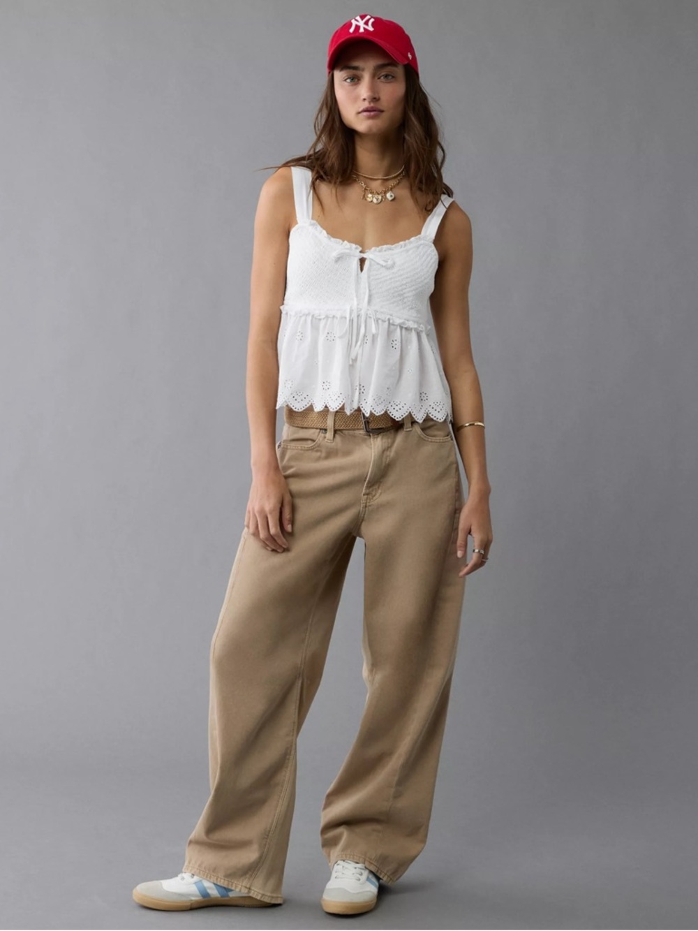 AMERICAN EAGLE S Smocked Babydoll Shirt in White Eyelet Trim Sleeveless Tank Top - Picture 11 of 12